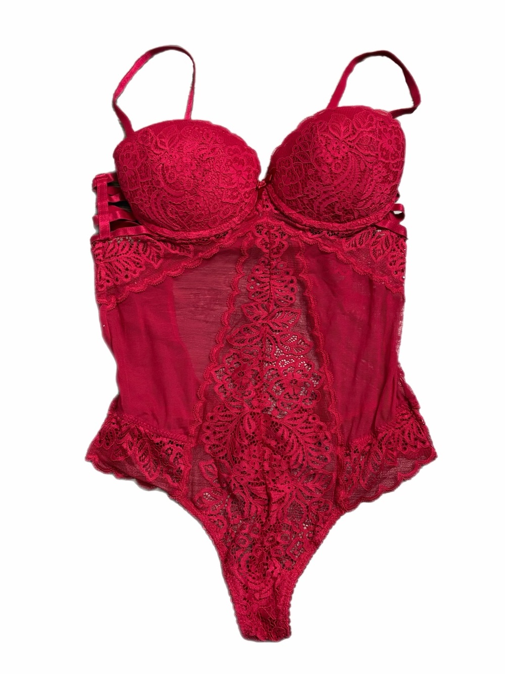 90s/Y2K European Vintage Lace Mesh Push-Up Cage Thong Bodysuit (Red) Size M
